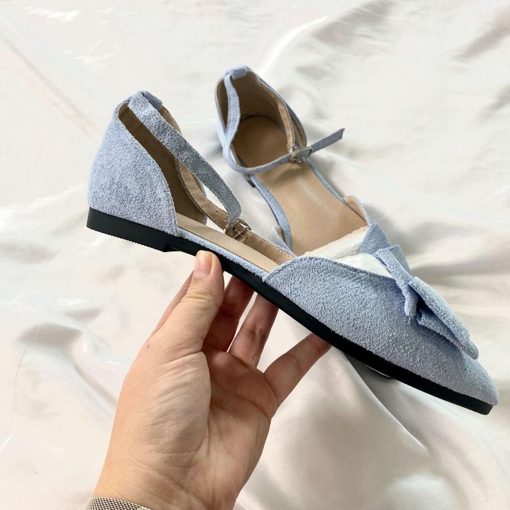 Preppy Coquette Light Blue Faux Suede Bow Flats / Sandals US 7.5 / EU 38 - Picture 3 of 5